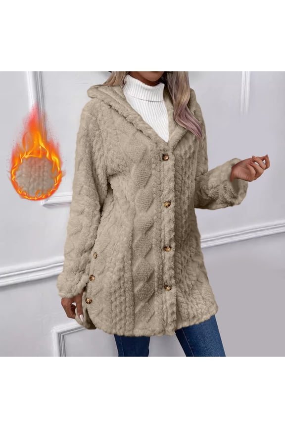 Women's Winter Fleece Warm Solid Color Jacquard Long Sleeve Button Hooded Casual Comfort Long Coat