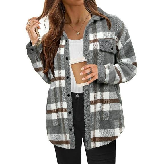 PNTUTB Women's Winter Warm Flannel Fashion Checkered Long Sleeve Lapel Comfortable Coat with Pocket