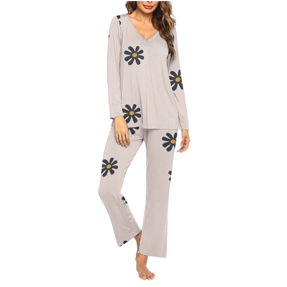 PNTUTB Womens Casual Floral Print Pajama Set V-neck Long Sleeve Loose Sleepwear Soft Comfortable Lounge Sets