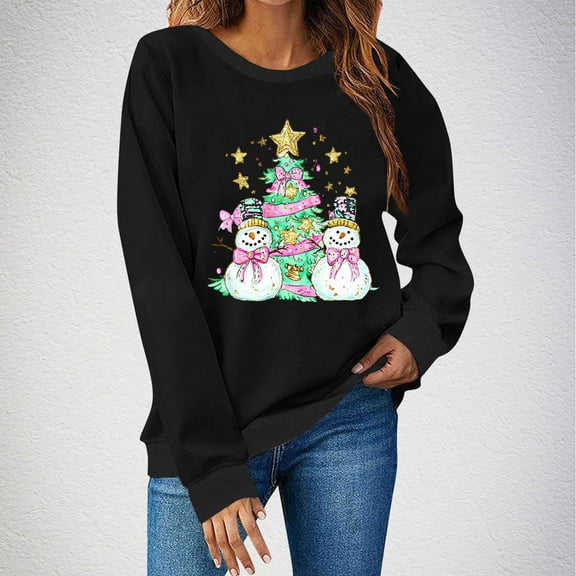 PNTUTB Womens Crew Neck Sweatshirt Long Sleeve Christmas Tree Print Casual Loose Cute Pullover Top