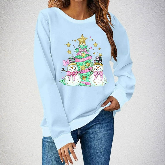 PNTUTB Womens Crew Neck Sweatshirt Long Sleeve Christmas Tree Print Casual Loose Cute Pullover Top