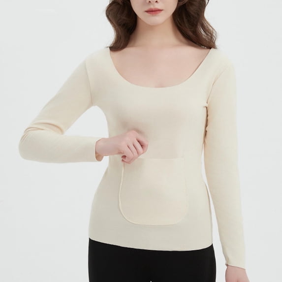 PNTUTB Womens Fall Solid Color Crew Neck Long Sleeve Stretch Slim Round Neck Undershirt with Pocket