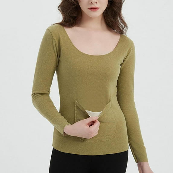 PNTUTB Womens Fall Solid Color Crew Neck Long Sleeve Stretch Slim Round Neck Undershirt with Pocket