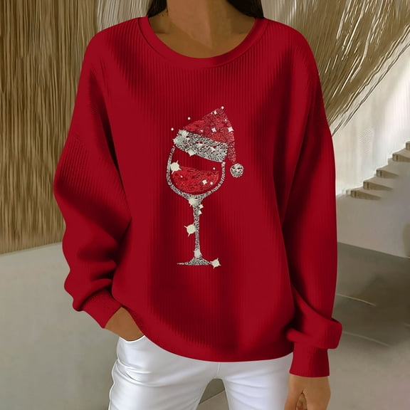 PNTUTB Womens Fashion Christmas Printed Long Sleeve T Shirt Casual Crew Neck Pullover Loose Comfortable Tops
