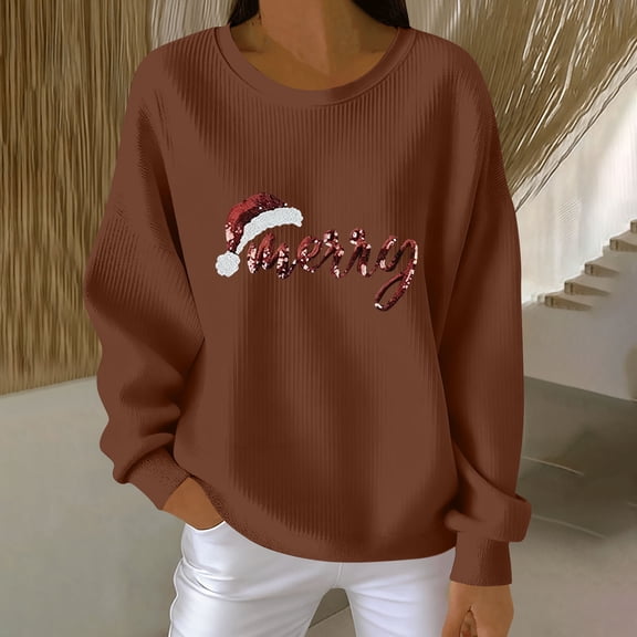 PNTUTB Womens Fashion Christmas Printed Long Sleeve T Shirt Casual Crew Neck Pullover Loose Comfortable Tops