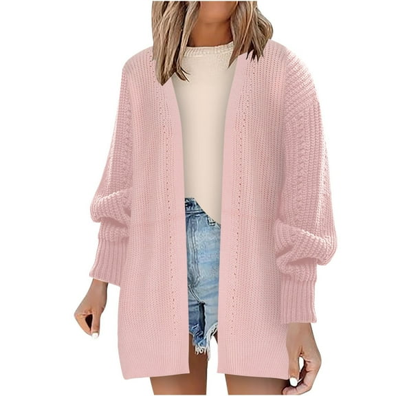 PNTUTB Womens Fashion Solid Color Mid-length Cardigan Casual Long Sleeve Knit Sweater Oversized Outwear
