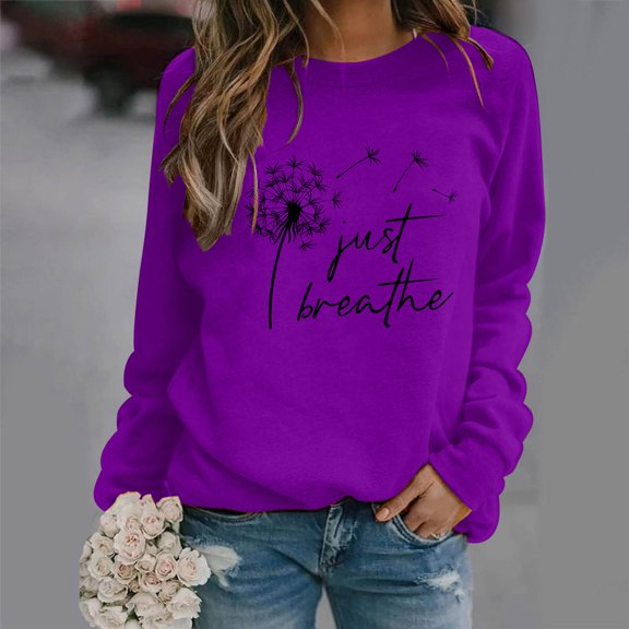 PNTUTB Womens Floral Letter Printing Long-Sleeved Casual Loose Sweater Basic Tees Blouses