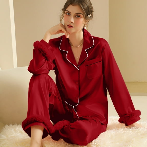 PNTUTB Womens Solid Color Casual Lapel Long Sleeve Loose Silk-like Fabric Button Front Comfort Pajamas Set