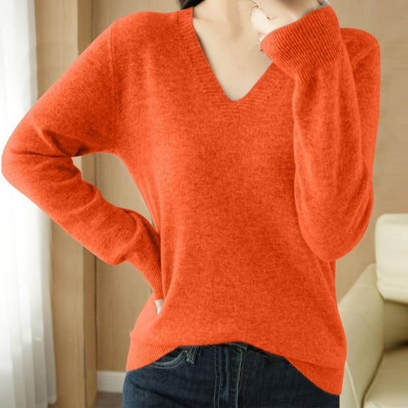 PNTUTB Womens Solid Color Knit Long Sleeve V Neck Basic Tee Casual Loose Fit Soft Fall Tops Outfits