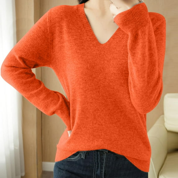 PNTUTB Womens Solid Color Knit Long Sleeve V Neck Basic Tee Casual Loose Fit Soft Fall Tops Outfits