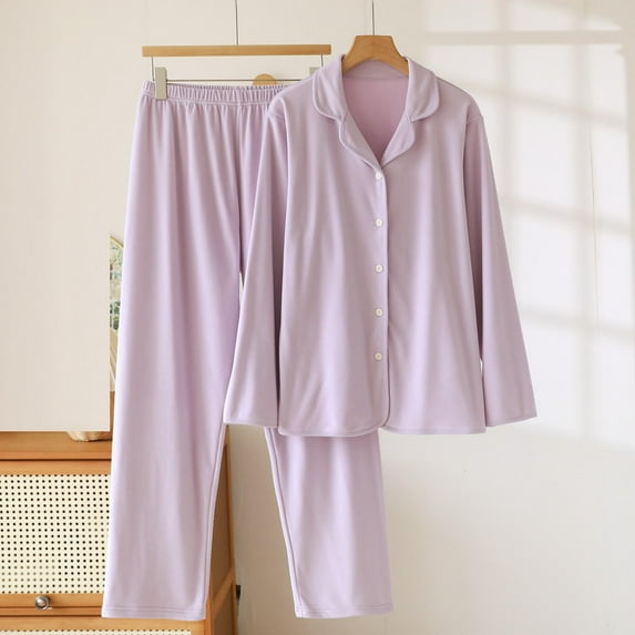 PNTUTB Womens Solid Color Lapel Button Front Long Sleeve Top and Elastic Waistband Pant Loose Comfort Pajamas Sets