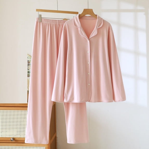 PNTUTB Womens Solid Color Lapel Button Front Long Sleeve Top and Elastic Waistband Pant Loose Comfort Pajamas Sets