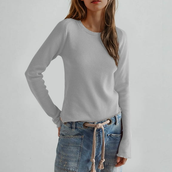 PNTUTB Womens Solid Color Long Sleeved Knitted Casual Base Top Pullover Round Neck Undershirts