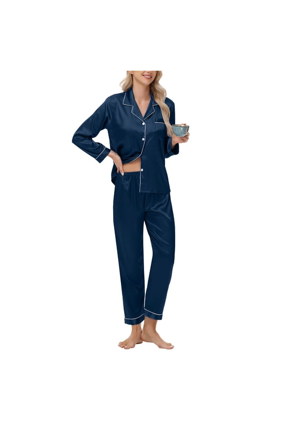 Womens Solid Color Silk-like Fabric Pajamas Sets Lapel Long Sleeve Lounge Warm Sleepwear with Pockets
