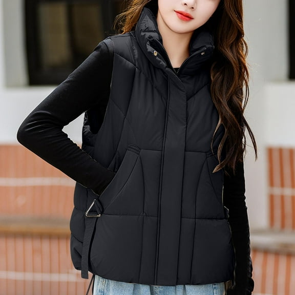 PNTUTB Womens Winter Warm Fashion Solid Color Hoodless Stand Up Collar Sleeveless Coats with Pocket