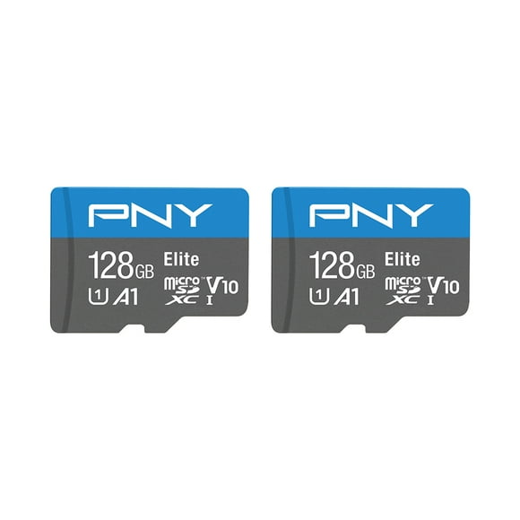 PNY 128B Elite Mobile Accessories Class 10 U1 V10, A1 microSDHC Flash Memory Card for Mobile Devices - 100MB/s, Full HD, UHS-I, micro SD 2-Pack
