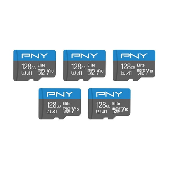 PNY 128B Elite Mobile Accessories Class 10 U1 V10, A1 microSDHC Flash Memory Card for Mobile Devices - 100MB/s, Full HD, UHS-I, micro SD 5-Pack