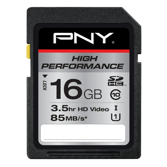 PNY 16GB High Performance Class 10 U1 SDHC Flash Memory Card - 85MB/s, Class 10, U1, Full HD, UHS-I, Full Size SD