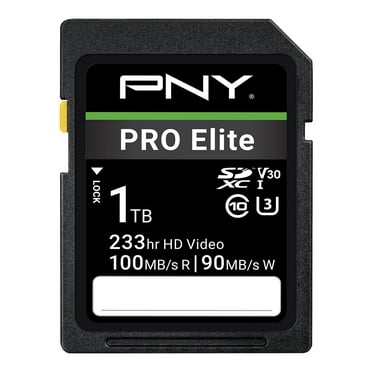 PNY 1TB PRO Elite Class 10 U3 V30 SDXC Flash Memory Card - 100MB/s,  4K UHD, Full HD, UHS-I, Full Size SD