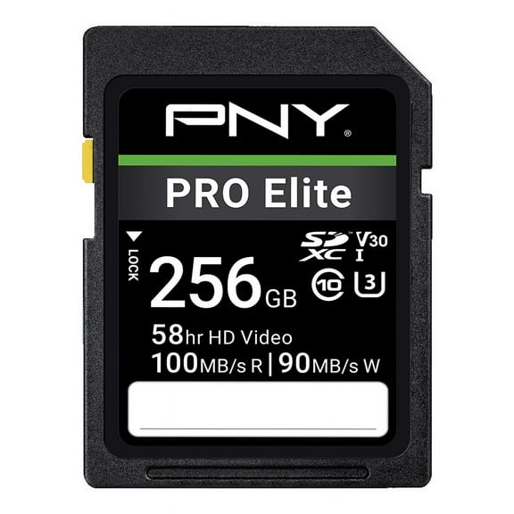 PNY 256GB PRO Elite Class 10 U3 V30 SDXC Flash Memory Card - 100MB/s, 4K UHD, Full HD, UHS-I, Full Size SD