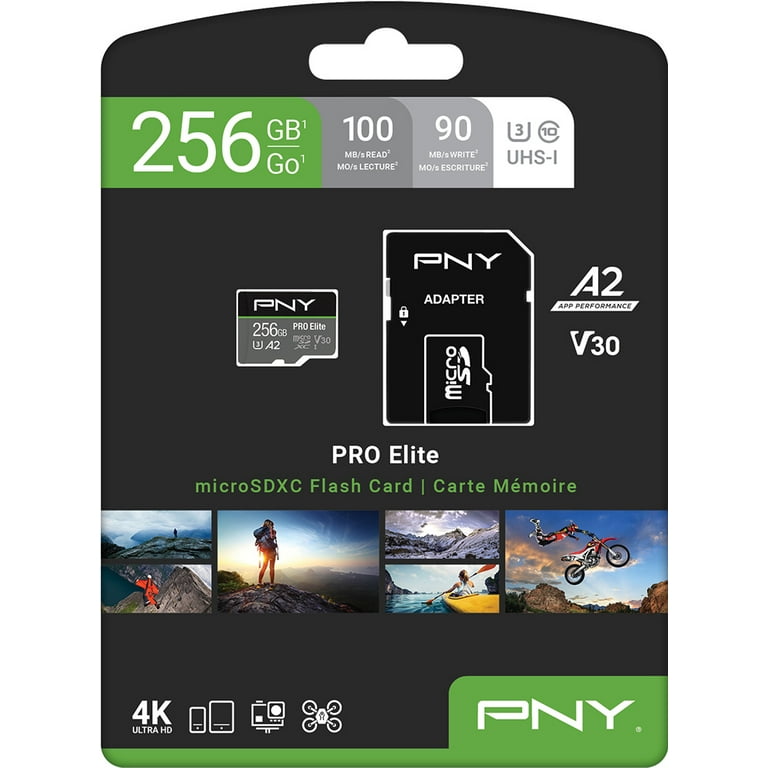 PNY 256GB PRO Elite Class 10 U3 V30 microSDXC Flash Memory Card - 100MB/s,  A2, 4K UHD, Full HD, UHS-I, micro SD 