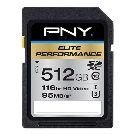 PNY 512GB Elite Performance Class 10 U3 SDXC Flash Memory Card - 95MB/s read, Class 10, U3, 4K UHD, Full HD, UHS-I, Full Size SD