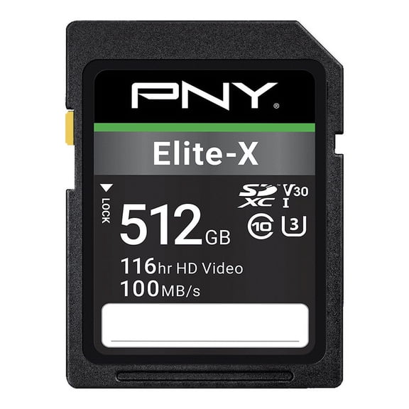 PNY 512GB Elite-X Class 10 U3 V30 SDXC Flash Memory Card - 100MB/s, 4K UHD, UHS-I, Full Size SD
