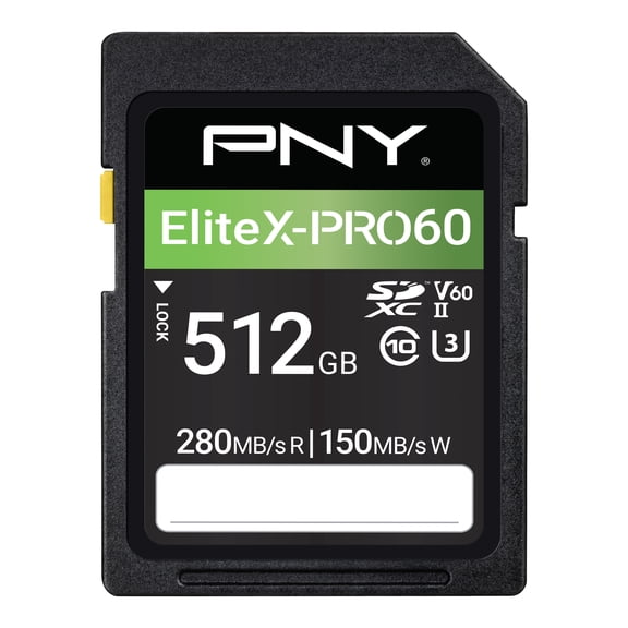 PNY 512GB EliteX-PRO60 Class 10 U3 V60 UHS-II SD Flash Memory Card