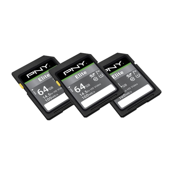 PNY 64GB Elite Class 10 U1 V10 SDHC Flash Memory Card 3-Pack