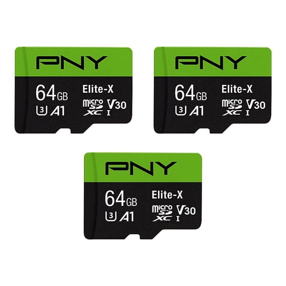 PNY 64GB Elite-X Class 10 U3 V30 A1 microSDXC Flash Memory Card - Up to 100MB/s Read, 4K UHD, Full HD, UHS-I, Smooth Content Capture, For Smartphones, Drones, Tablets, 3-Pack