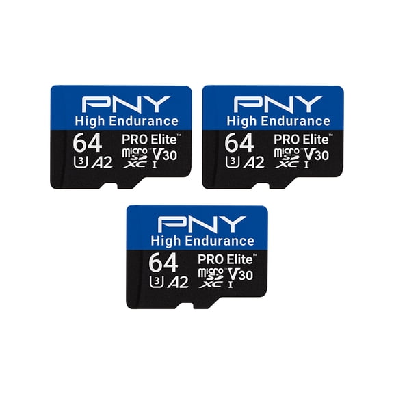 PNY 64GB PRO Elite™ High Endurance C10 U3 V30 A2 microSDXC – Up to 17.2K Continuous Recording Hours, Up to 100MB/s Read, 4K UHD, Full HD, UHS-I, Surveillance, Home Security, Dash Cam, 3-Pack