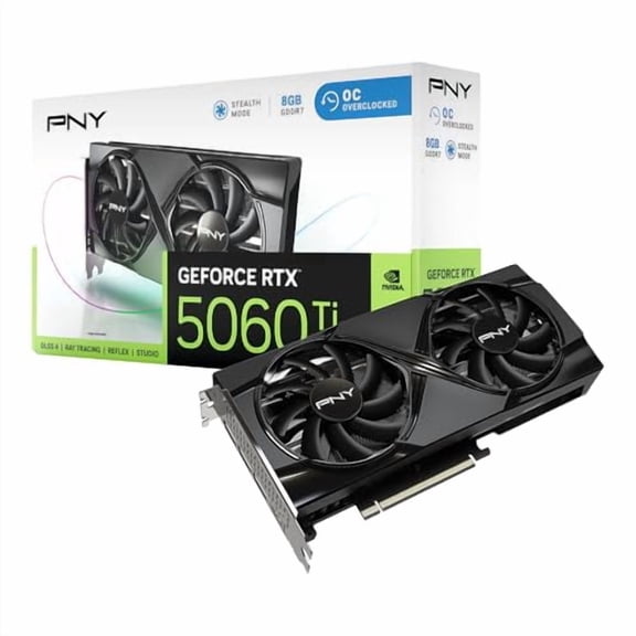 PNY NVIDIA GeForce RTX 5060 Ti OC Dual Fan, Graphics Card (8GB GDDR7, 128-bit, Boost Speed: 2692 MHz, SFF-Ready, PCIe 5.0, HDMI/DP 2.1, 2-Slot, NVIDIA Blackwell Architecture, DLSS 4)