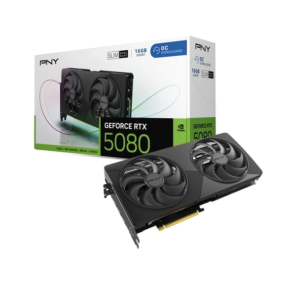 Open Box PNY NVIDIA GeForce RTX 5080 Slim Dual-Fan, Dual-Slot OC Graphics Card (16GB GDDR7, 256-bit, Boost Speed: 2730 MHz, PCIe 5.0, HDMI/DP 2.1, NVIDIA Blackwell Architecture, DLSS 4.5
