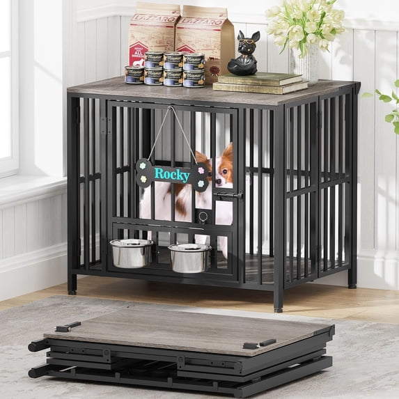 POAO 27"Dog Crate Furniture Foldable, No Assembly Dog Kennel Indoor for Small Dog(Under 20 lb), Dog Cage with Adjustable Bowls &Name Tag, End Table