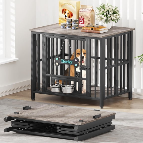 POAO 31"Dog Crate Furniture Foldable, No Assembly Dog Kennel Indoor for Medium Dogs(20-35 lb), Dog Cage with Adjustable Bowls &Name Tag, End Table