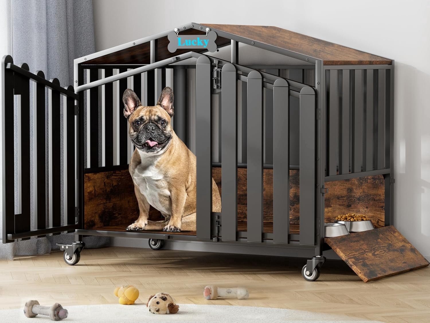 POAO 31"Heavy Duty Dog Crate Furniture with 360°Wheels,Dog Kennel Indoor for Small Dogs,Wooden Dog Cage with Feeding Window &Name Tag,Brown