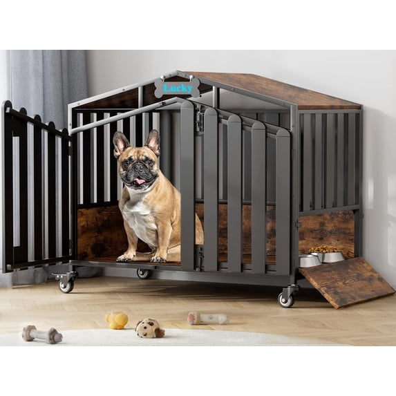 POAO 31"Heavy Duty Dog Crate Furniture with 360°Wheels,Dog Kennel Indoor for Small Dogs,Wooden Dog Cage with Feeding Window &Name Tag,Brown