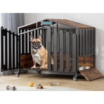 POAO 31"Heavy Duty Dog Crate Furniture with 360°Wheels,Dog Kennel Indoor for Small Dogs,Wooden Dog Cage with Feeding Window &Name Tag,Brown