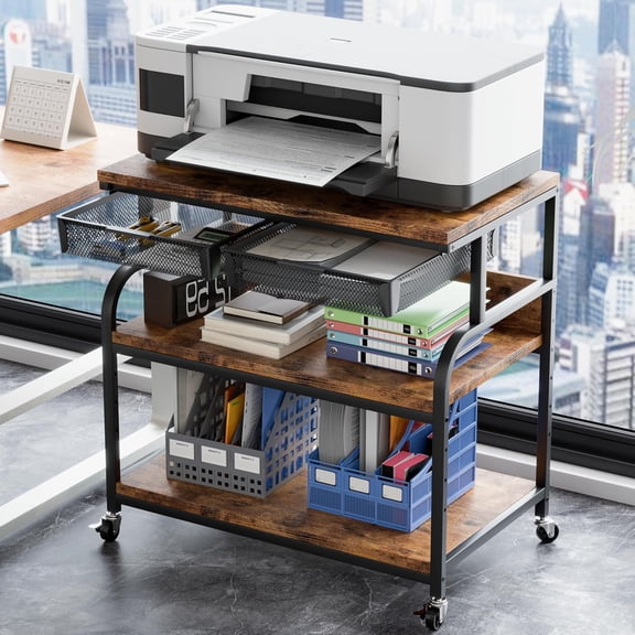 POAO 32.3"x18.9" Extra Large Printer Stand with Double Drawers, 4-Adjustable Heights 3 Tier Table with Wheels, Rolling Printer Cart with Storage for Printer Scanner Fax Home Office Use
