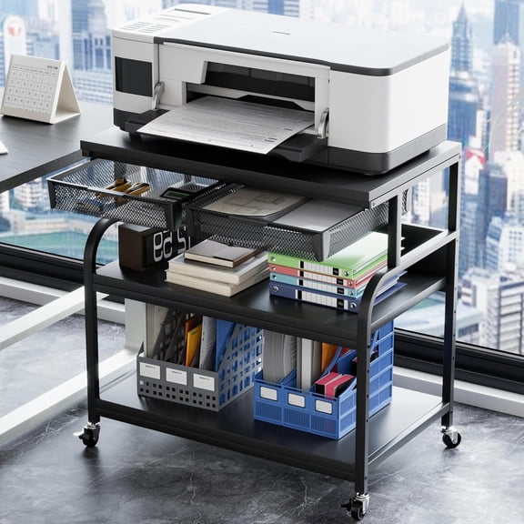 POAO 32.3"x18.9" Extra Large Printer Stand with Double Drawers, 4-Adjustable Heights 3 Tier Table with Wheels, Rolling Printer Cart with Storage for Printer Scanner Fax Home Office Use