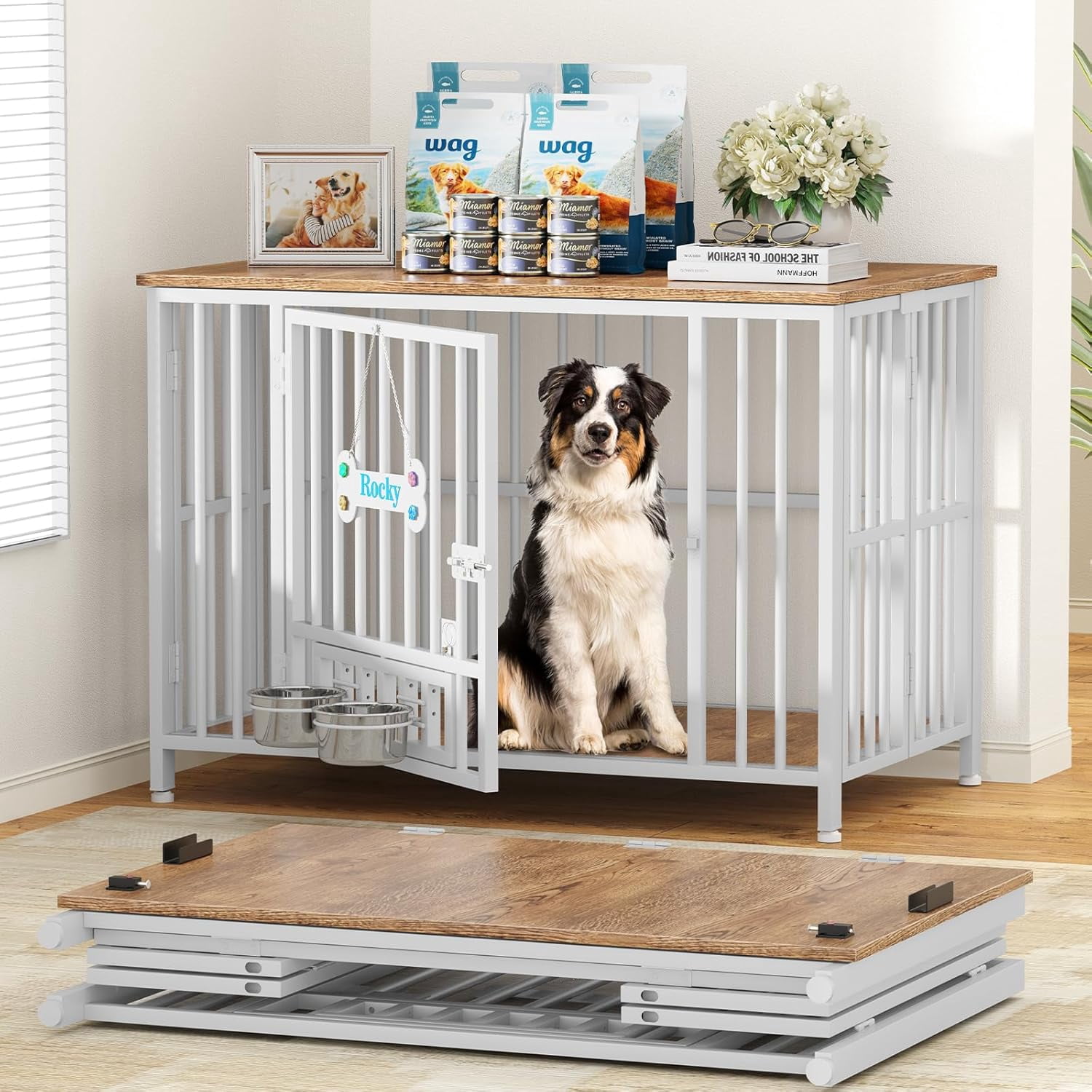 POAO 41"Dog Crate Furniture Foldable, No Assembly Dog Kennel Indoor for ...