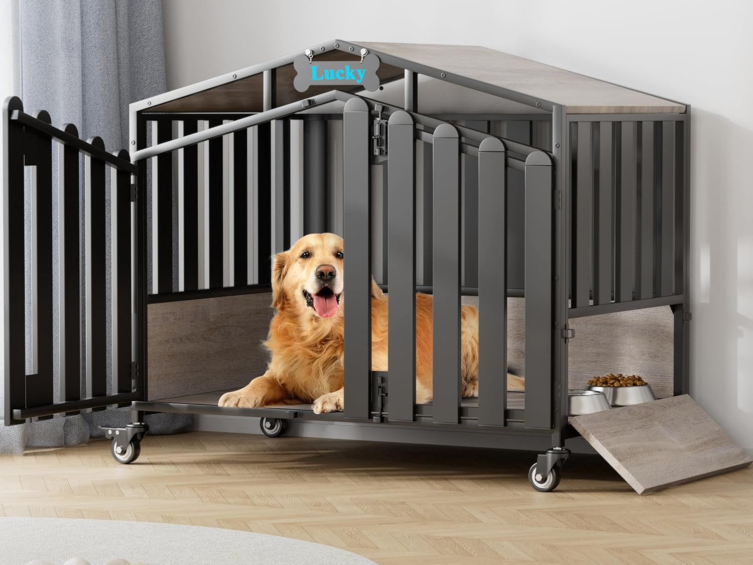 POAO 41"Heavy Duty Dog Crate Furniture for Medium Dogs(35-60lb), Dogs Kennel Indoor with 360° Wheels,Dog Cage with Feeding Window and Name Tag