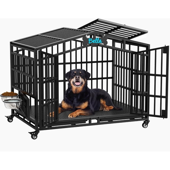POAO 41"Heavy Duty Indestructible Dog Crate, Escape Proof Kennel for High Anxiety Large Dog, Extra Large Steel Dog Cage with Wheels