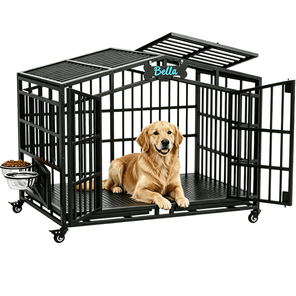POAO 41"Heavy Duty Indestructible Dog Crate, Escape Proof Kennel for High Anxiety Large Dog, Extra Large Steel Dog Cage with Wheels