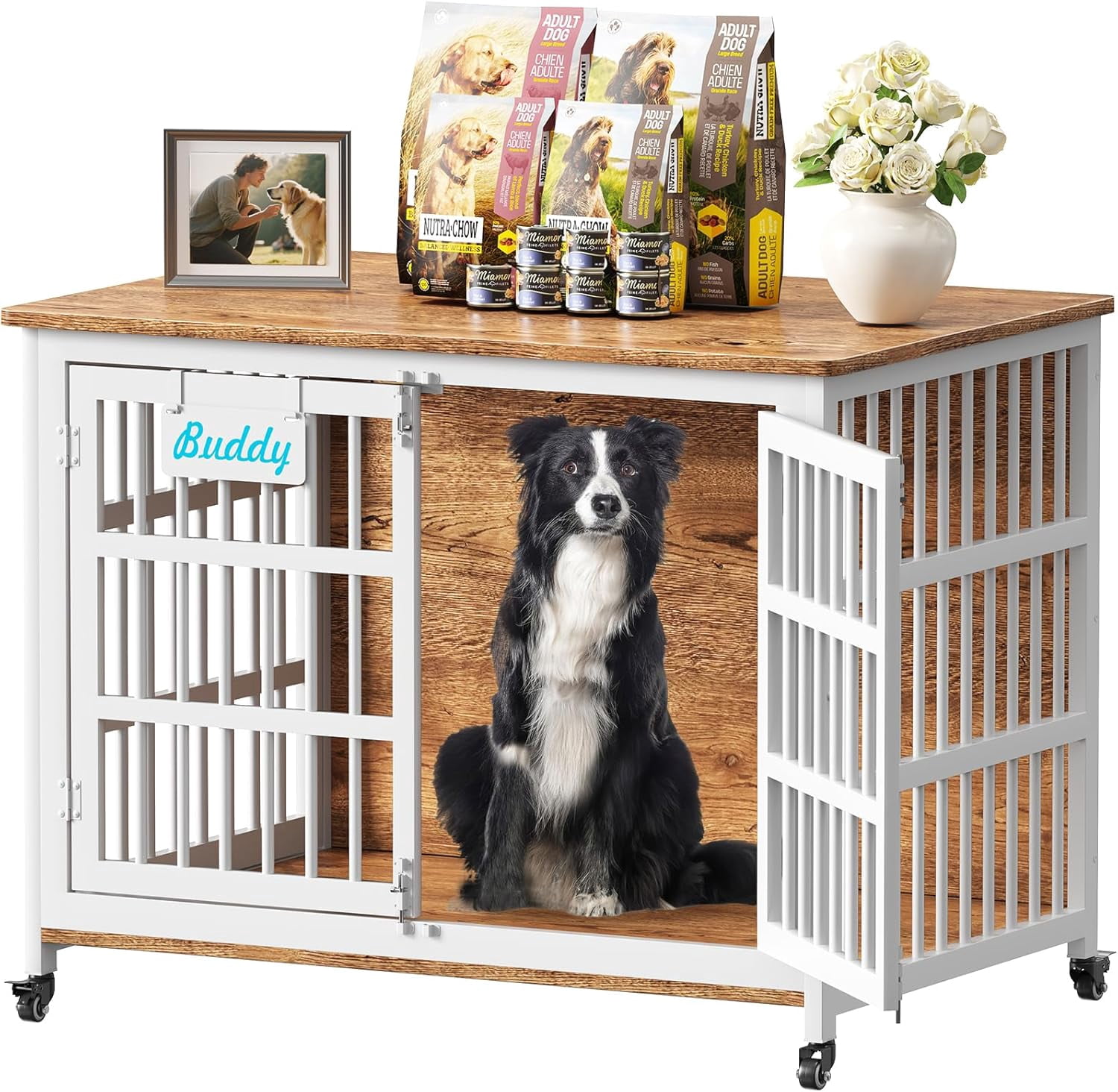 POAO 42"XL Heavy Duty Dog Crate Furniture with Casters, Dog Kennel Indoor for Large and Medium Dogs, Double-Doors Sturdy Dog Cage for Anxiety Dog
