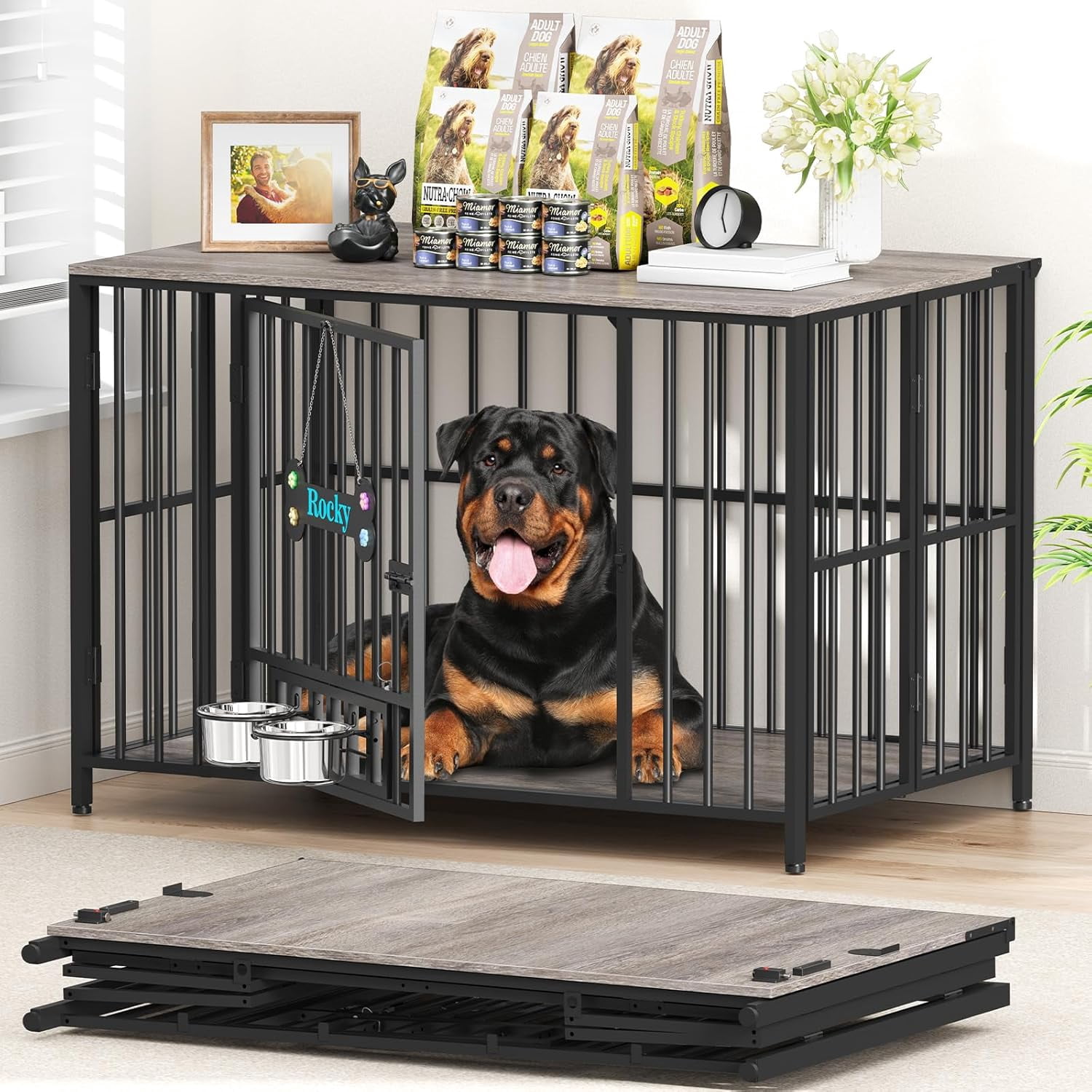 POAO 43"Dog Crate Furniture Foldable, No Assembly Dog Kennel Indoor for Large Dogs (60-80 lbs), Dog Cage with Adjustable Bowls &Name Tag,End Table
