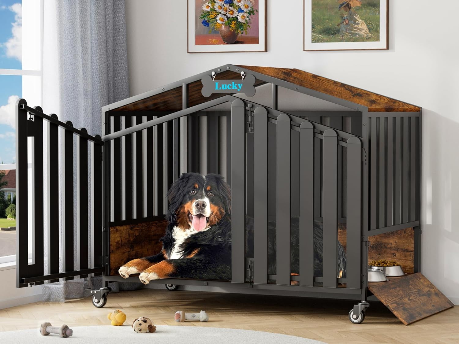 POAO 48"Heavy Duty Dog Crate Furniture for Large Dogs(Over 60lb), Dog Kennel Indoor with 360° Wheels, Dog House with Feeding Window and Name Tag