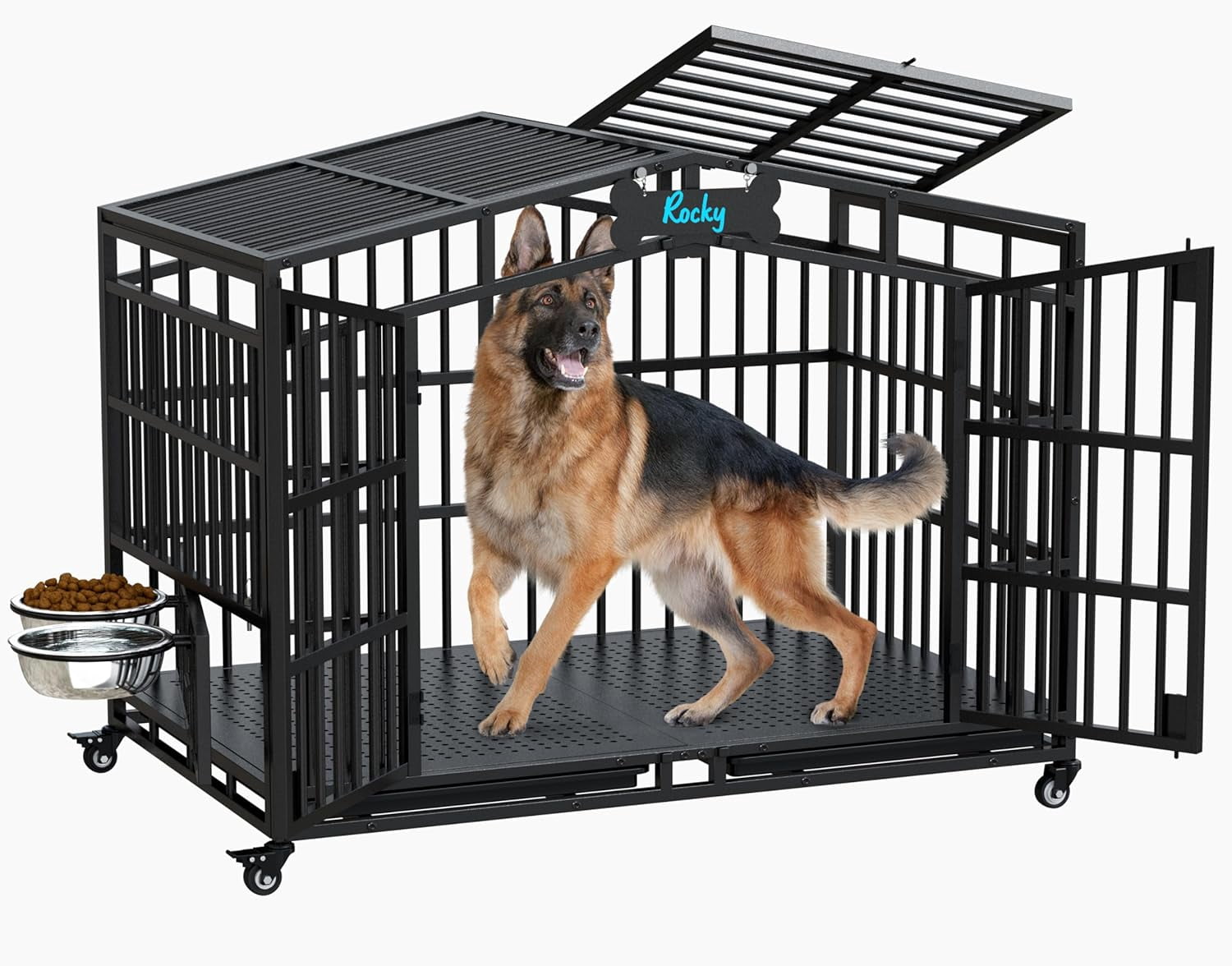 POAO 48"Heavy Duty Indestructible Dog Crate, Extra Large Metal Dog Kennel with 2 Adjustable Bowls, Open Top & Lockable Wheels, Escape Proof Indoor Cage for High Anxiety Big XL Dogs