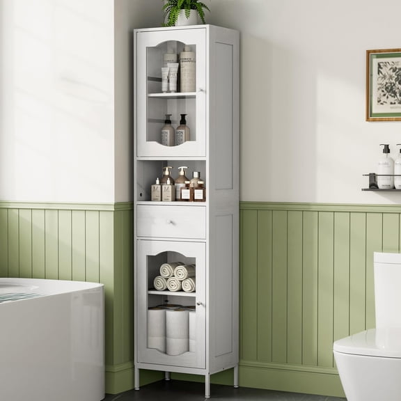 POAO 66.4" Tall Bathroom Storage Cabinet with Adjustable Shelves and Glass Doors, Anti-Tipping Narrow Cabinet, Linen Cabinet for Bathroom, Kitchen, Living Room, Cloud White