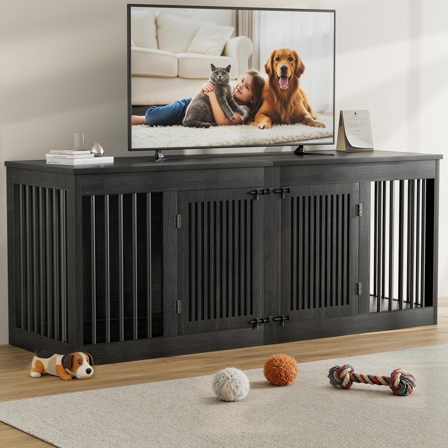 POAO 72" Double Dog Crate Furniture, Heavy Duty Dog Kennel for 2 Large Dogs, Wooden Dog Cage w Removable Divider, Decorative Dog House as TV Stand, Dark Grey